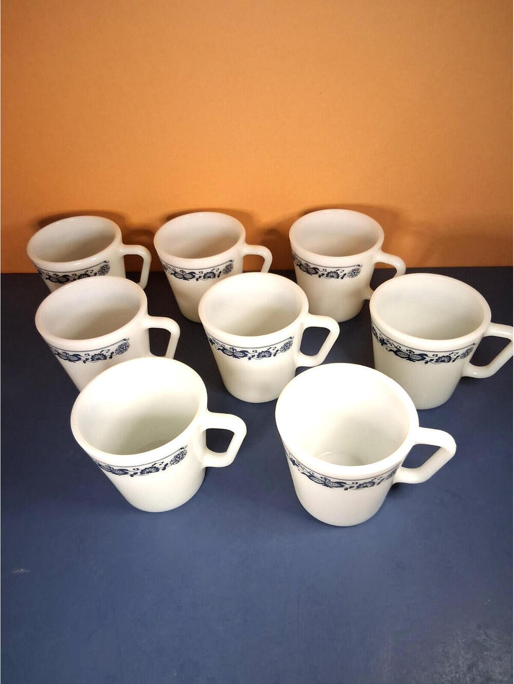 Vintage Pyrex 1410, 1970's Coffee Mugs Old Town Blue Milk Glass Cups - Set of 8